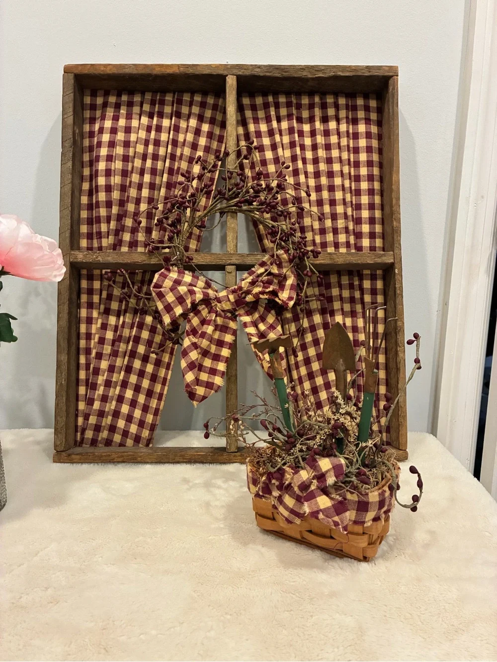 Home Holiday Burgundy & Cream Plaid Decorative Window Panel and Wreath Set